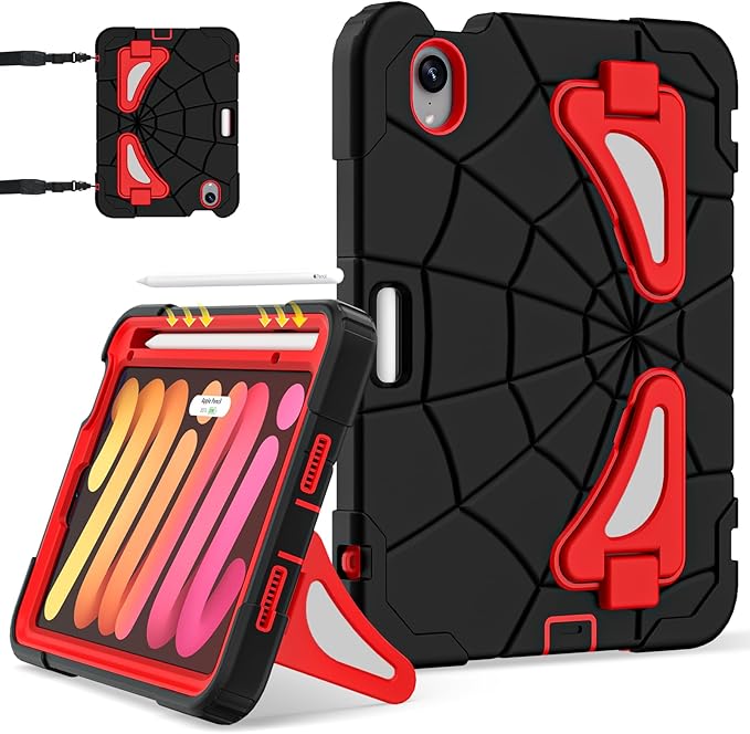 Case for iPad mini 7 (A17 Pro) 2024 iPad mini 6 2021 8.3-Inch Kids Friendly Shockproof Cover with Kickstand Shoulder Strap Pen Holder Support Pencil Pro &amp Pencil USB-C Black Red