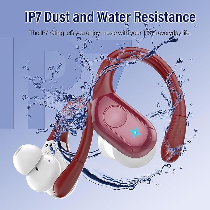 Wireless Earbuds Bluetooth 5.4 Headphones 75H Stereo Deep Bass Sports Over Ear Buds with Earhooks LED Display Bluetooth Earbuds with 4 ENC Mic IP7 Waterproof Earphone for Running Red