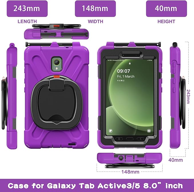 Rugged Case for Samsung Galaxy Tab Active5 5G (SM-X306B/X300) w/ 360° Rotating Hanging Ring Handle Grip Kickstand Heavy Duty Shock-Proof Armor Cover w/Shoulder Strap Stylus Holder (Purple)