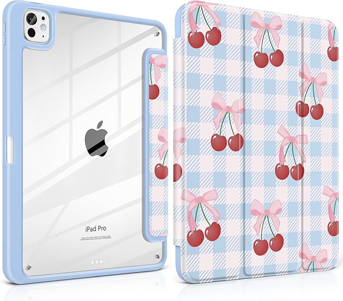 DONGKE for iPad Pro 11-Inch Case (M5 2025 / M4 2024) 6th/5th Generation [Auto Sleep/Wake &amp Pencil Pro Holder] Clear Acrylic Back Smart Trifold Stand Cover Blue Cherry