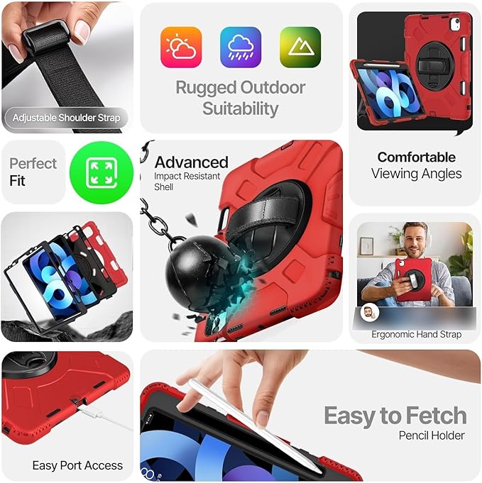 TNP Protective Case for iPad Air 5th 4th Gen 10.9 inch and iPad Pro 11 Inch 4th 3rd 2nd Generation (2022 2021 2020 2018) with Pencil Holder Handle Adjustable Stand &amp Shoulder Strap Red