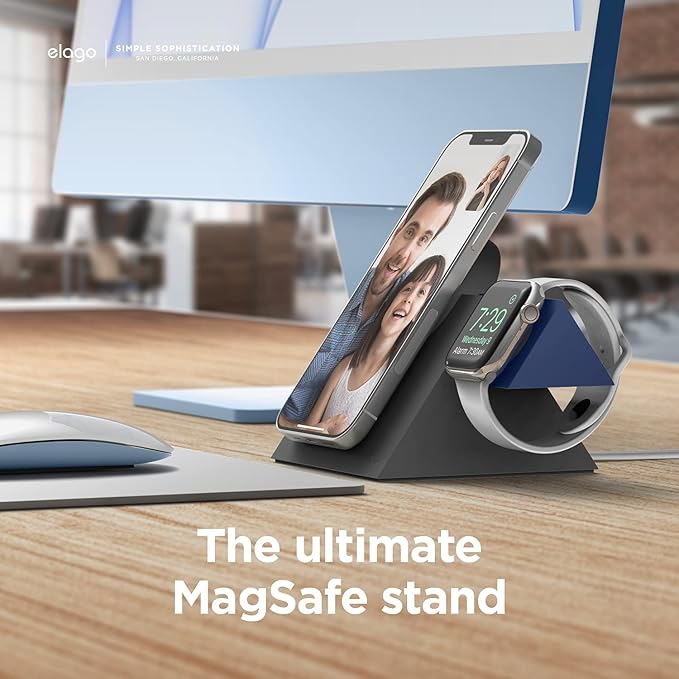 elago Charging Station Compatible with iPhone 17/16/15/14/13/12 Series Compatible with MagSafe Compatible with Apple Watch Series - Chargers are NOT Included [Dark Grey/Jean Indigo]