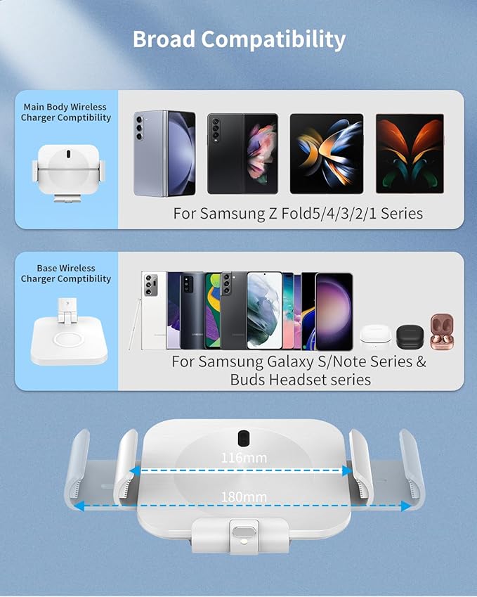 2 in 1 Charging Station for Z Fold 6/5/4/3/2 Aluminium Alloy 3 Coils Fast Wireless Charger Stand for Samsung Galaxy Buds Pro/Buds Live (with 20W Adapter)