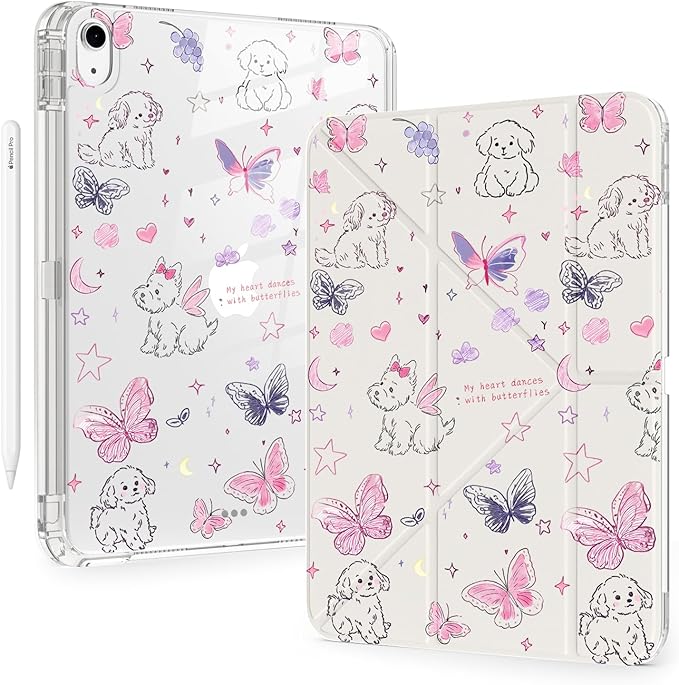 Cute Kawaii Puppy Butterfly for iPad Pro 11 Inch Case (M5/M4) 2025/2024 with Pencil Holder Auto Sleep/Wake White Leather Acrylic Back Detachable Cover