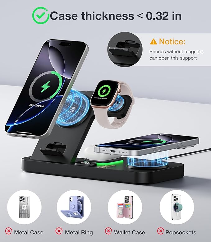 Foldable Magnetic Dual Phone Charging Station 30W Wireless Charger Stand with Clock &amp Night Light Fast Mag-Safe Charger for iPhone 17/16/15/14 Pro Max Plus Air AirPods and Apple Watch