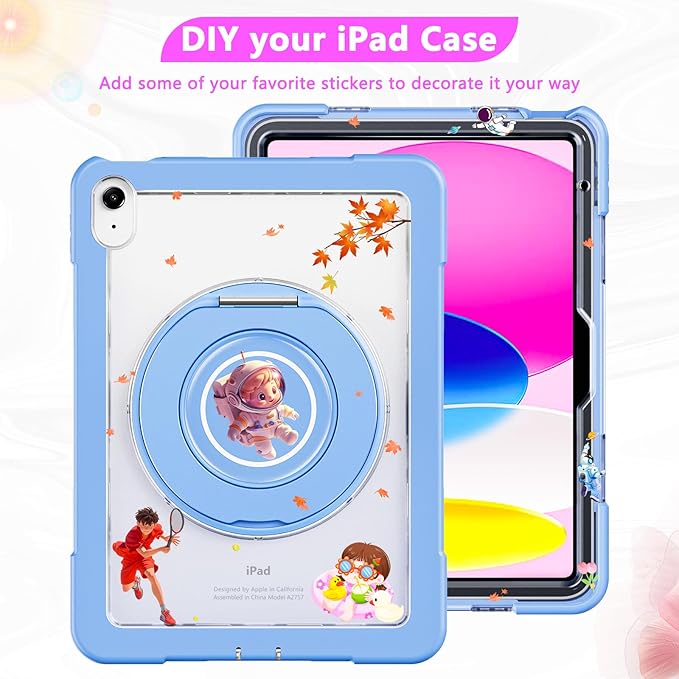 Case for iPad (A16) 11th /10th Generation 11 Inch 2025/10.9 inch 2022with Screen Protector360 Rotating Metal StandClear BackHeavy Duty Shockproof for Kids Case Blue