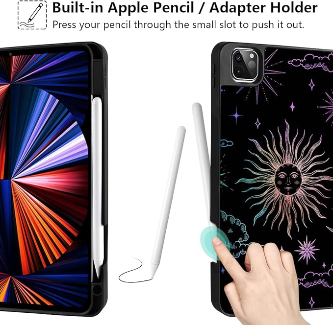 DONGKE Case for 2022/2021/2020/2018 iPad Pro 11 inch Gen 4/3/2/1 - Slim Protective Case - Built in Pencil Holder Support Charging - Trifold Stand &amp Sleep/Wake Cover - Sun &amp Moon