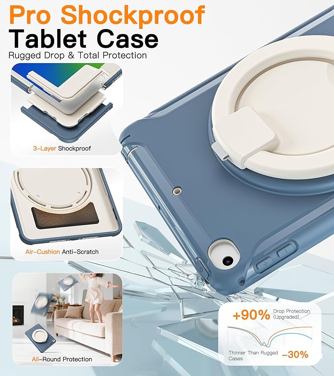 BATYUE Shockproof Case for iPad mini 4/5 (2015/2019) - 360° Multi-Angle Stand (Portrait &amp Landscape) &amp Grip Pencil Holder (Elastic Loop) Multi-Scene for All Ages Dusty Blue