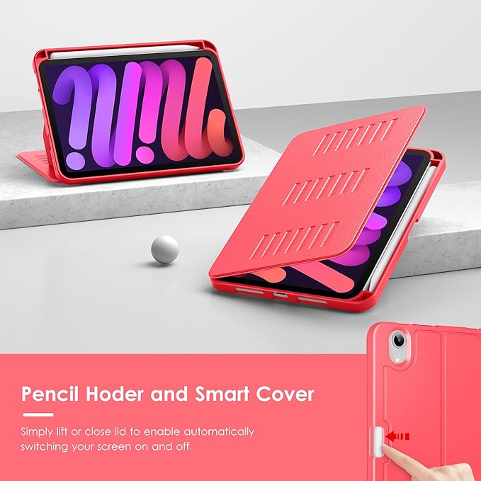 VIKESI Case for iPad iPad mini 7 (A17 Pro) and iPad mini 6Multiple Angles Magnetic Stand CoverShockproof Soft BackPencil Holderand Auto Sleep/WakeRed