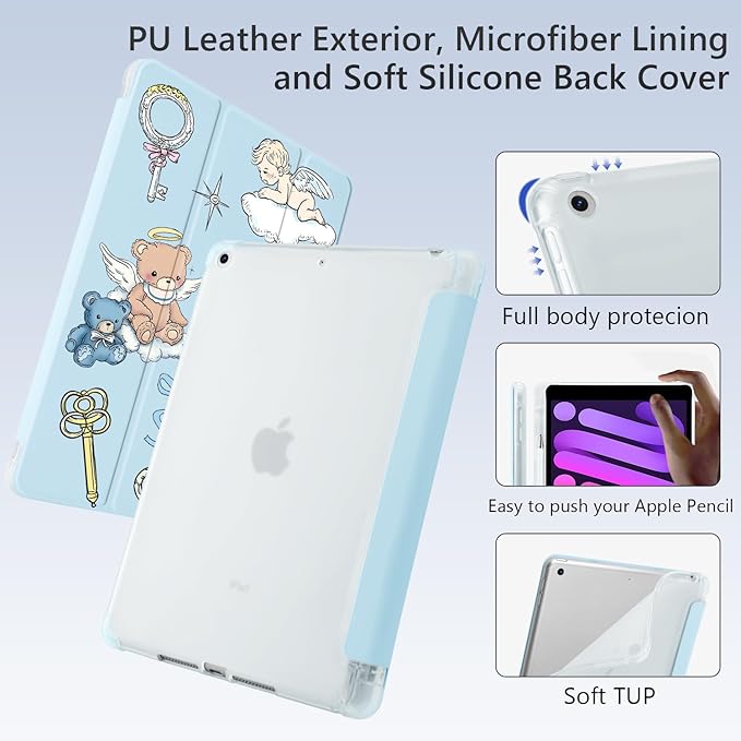 Cute Kawaii Bear Angel Bow for iPad Pro 12.9 Inch Case 5th/6th Generation 2022/2021/2020 with Pencil Holder Auto Sleep/Wake Blue Leather Soft TPU Back Cover