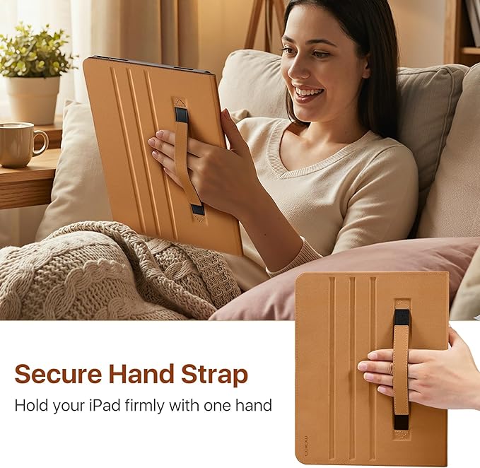 MoKo Case for iPad Air 13-inch (M4) 2026 / (M3) 2025 / (M2) 2024 with Pencil Holder &amp Hand Strap &amp Pocket Premium Leather Folio Stand Cover Multiple Viewing Angles Brown