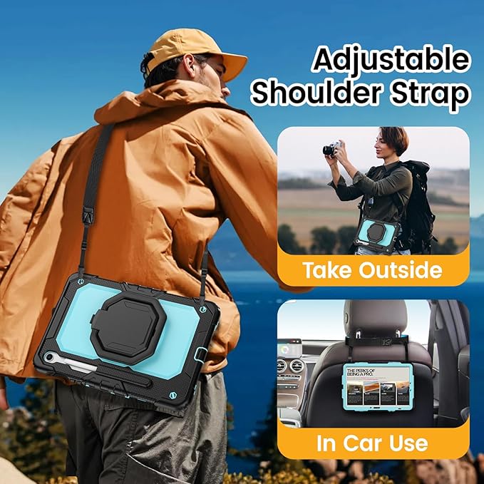 HXCASEAC Case for Galaxy Tab S10 lite / S10 FE / S9 FE 10.9 Inch Shockproof | 360° Rotating Stand | S Pen Holder | Screen Protector | Shoulder Strap | Samaung S10 Lite Tablet Case Kids Light Blue