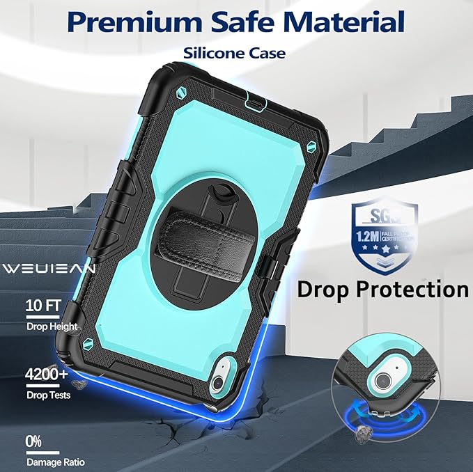 Weuiean Case for iPad A16 11th/10th Generation 11/10.9 Military-Grade Heavy-Duty Shockproof Cover with 360° Rotating Stand Built-in Pencil Holder &amp Adjustable Hand/Shoulder Strap - SkyBlue+Bla