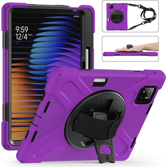 for Xiaomi Mi Pad 7/7 Pro Case 11.2 Shockproof Cover with 360 Rotate Stand Hand/Shoulder Strap Pencil Holder Purple