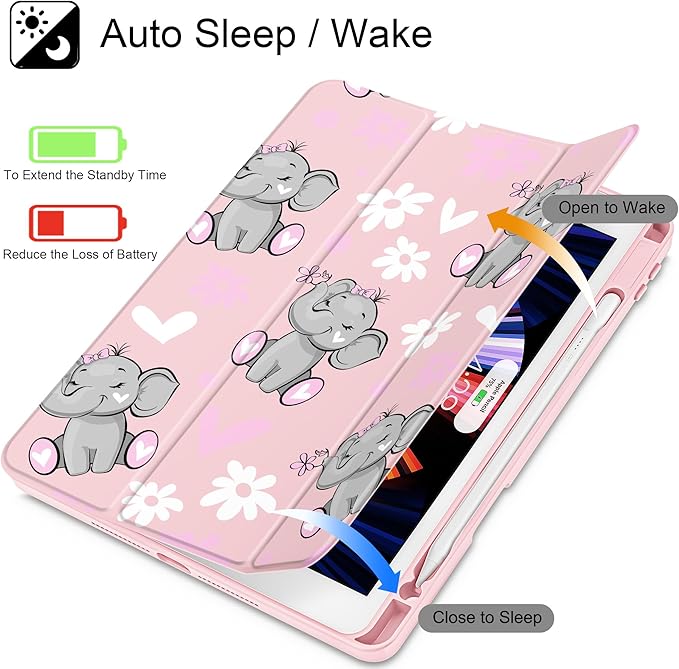 May Chen for iPad 9th Generation with Pencil Holder iPad 8th/7th Gen Case 10.2-inch [Penceil Holder] Trifold Stand Auto Wake/Sleep Clear TPU Protection Back Cover Cute Elephant