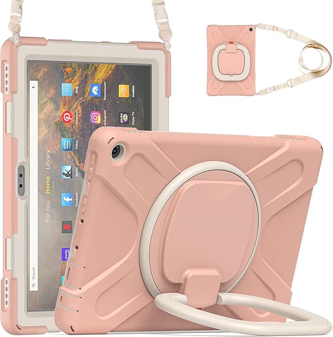 All-New Fire HD 10 &amp Fire HD 10 Kids Pro Tablet Case (13th Gen 2023 Release)Heavy Sturdy Shockproof Kids CaseRotating Stand/Carrying Strap (Pink)
