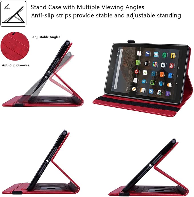 Fire HD 10 Case 9th/7th Generation (2019/2017) 10.1 with Pencil Holder Elastic Band Pocket Multi-Angle Stand Magnetic Folio Wallet PU Leather TPU Shockproof Cover Red Paisley Flower