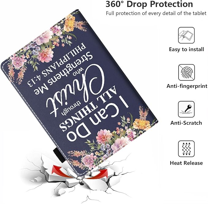 Case for All-New Kindle Fire HD 10 &amp 10 Plus Tablet 10.1 (13th/11th Gen 2023/2021 Release) - PU Leather Folio Case with Smart Auto Wake/Sleep Floral Quote Bible Verse Philippians 4:13