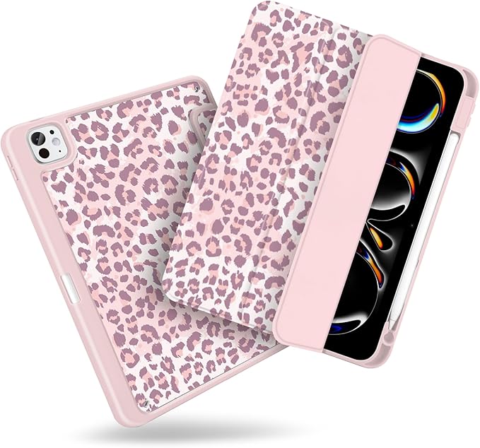 MecBevia Case for iPad Pro 11 inch M5 2025 / M4 2024 (6th/5th Gen) A3357 A3358 A3359 A2836 A2837 A3006 – Built-in Pencil Holder &amp Auto Wake/Sleep Leopard Print