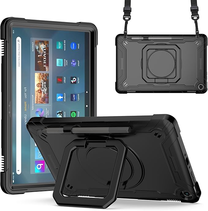 Case for Amazon Fire Max 11 inch Tablet (13th Generation 2023 Release) Hybrid Shockproof 360 Rotating Multi-Functional Ring Stand Case with Shoulder Straps (Black/Black)