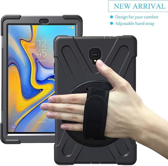 Rugged Case for Samsung Galaxy Tab A 10.5 2018 (SM-T590/T595/T597) Portable Hybrid Shock-Proof Cover with 360° Rotatable Hook&ampLoop HandleShoulder Strap (Black)
