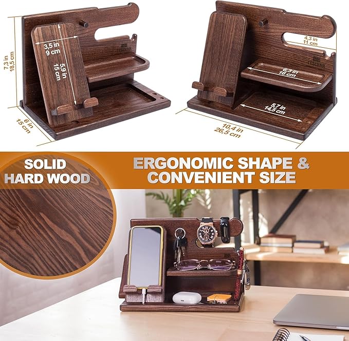 TESLYAR Wood Phone Docking Station for Men - Desk or Nightstand Organizer - Birthday Gifts for Husband Dad - Anniversary Idea from Wife - Key Holder Stand Wallet Watch &amp Essentials (Bourbon Bro