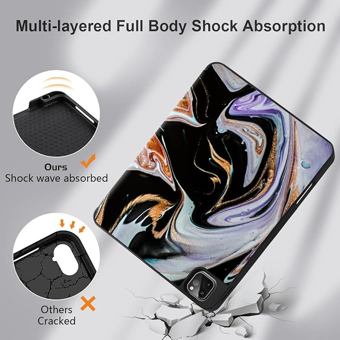 DONGKE Case for 2022/2021/2020/2018 iPad Pro 11 inch Gen 4/3/2/1 - Slim Protective Case - Built in Pencil Holder Support Charging - Trifold Stand &amp Sleep/Wake Cover- Black Marble
