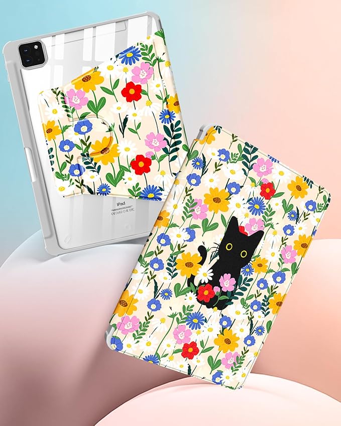 for iPad Air 13 inch Case(Air M4 2026/M3 2025/M2 2024) for iPad Pro 12.9 Case(6th/5th/4th/3rd/2nd/1st Gen) - 360 Rotating Smart Folio Cover with Pencil Holder for Women Girls Cat &amp Flowers