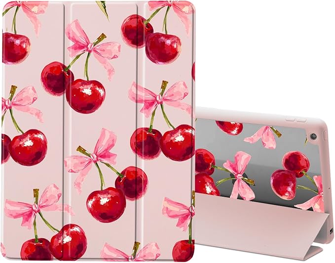 Lovely Cherry Case for iPad mini 7 (A17 Pro) 2024 / iPad mini 6 2021 8.3 Inch with Pencil Holder Cute Bow Girly Pink Leather Clear Back Shell Foldable Protective Cover