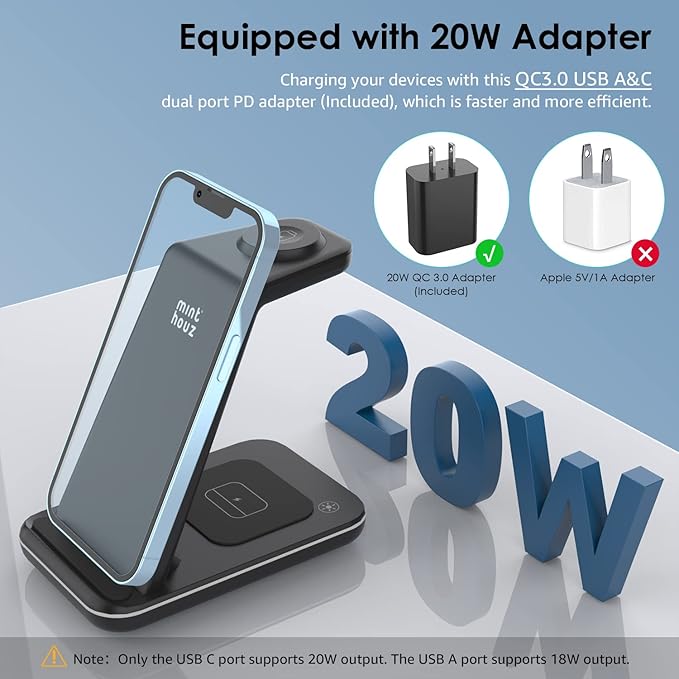 Minthouz Wireless Charger 3 in 1 Fast Wireless Charging Station with 20W Adapter for Multiple Devices Apple Watch AirPods Wireless Charger Stand Compatible with iPhone 14/13/12/11 Series