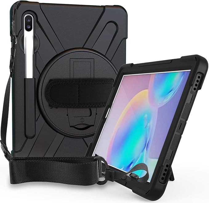 ProCase Galaxy Tab S6 10.5” 2019 Case with S Pen Holder (Model SM-T860/T865/T867) Rugged Heavy Duty Shockproof Cover with Hand Strap Rotating Kickstand Protective –Black