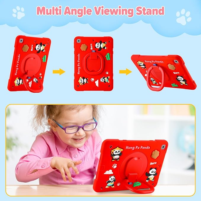 Case for iPad 9th/8th/7th Generation iPad 10.2 Inch 2021/2020/2019 Funny Cartoon Silicone 3D Panda Design Kids Case Heavy Duty Protection with Stand/Pencil Holder/Shoulder Strap