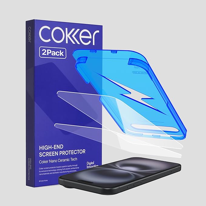 COKER 2PACK Tempered Glass Screen Protector Designed for iPhone 16 Plus Rounded Edge 9H Hardness Shatterproof Anti-Scratch Anti-Fingerprint Touch Sensitive Easy Installation