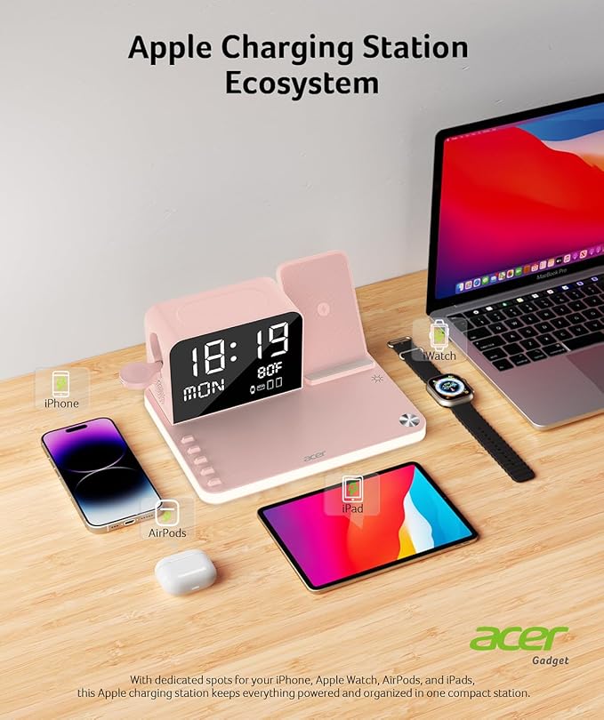 Acer 7-in-1 Wireless Charging Station with LED Clock - 30W Fast Wireless Charger for iPhone 16/15/14/13/12/Pro Max Apple Watch AirPods - Bluetooth Auto Time Sync &amp Night Lights (Pink)