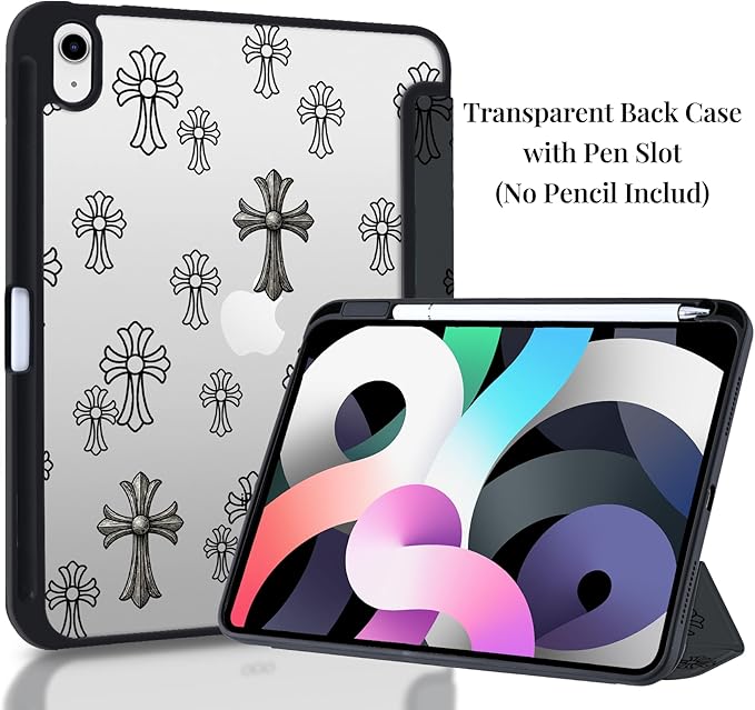 Y2k Printed Case for iPad Air 13 (M3) 2025/ (M2) 2024 Metal Gothic Cross Clear Hard Back Hybrid Casewith Pencil Holder Trifold Stand Slim Tablet Cover for Girls Women