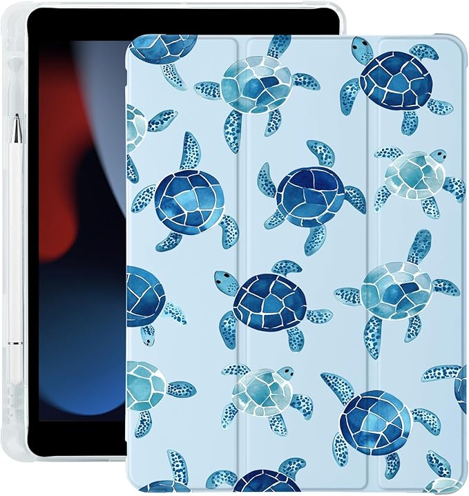 Cute Blue Sea Turtle for iPad Pro 11 Inch Case 4th/3rd/2nd Generation 2022/2021/2020 with Pencil Holder Auto Sleep/Wake Blue Leather Soft TPU Back Cover