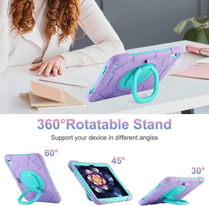 for iPad (A16) 11th Generation case 11''(2025)/10th Generation case 10.9''(2022)360°Rotatable Stand with [Pencil Holder&ampShoulder Strap] Heavy Duty Shockproof Case (Light Purple+Mint Green)