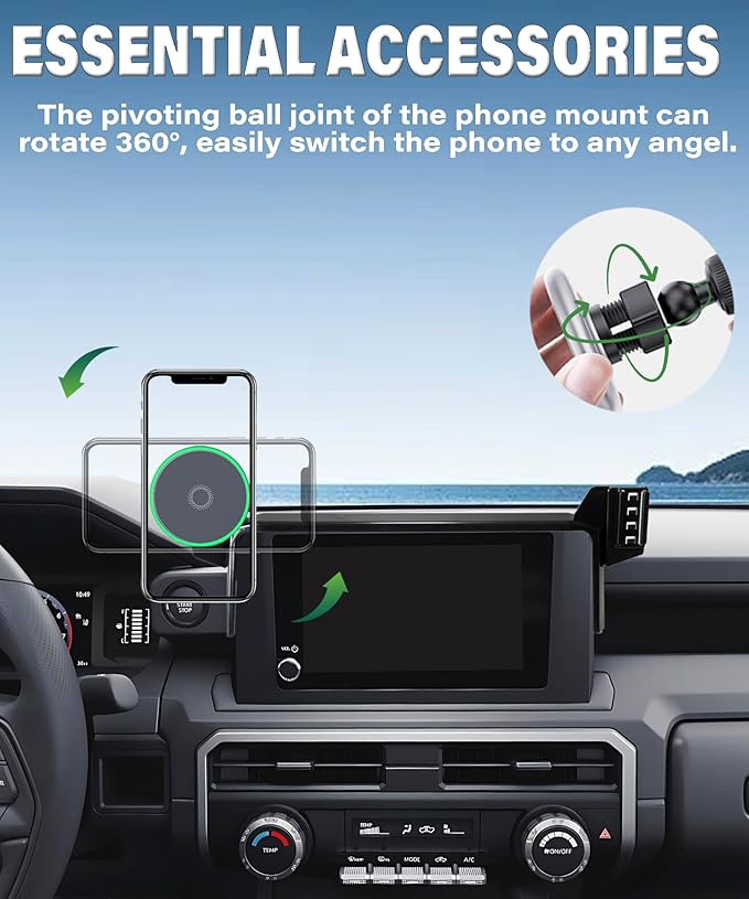 Car Phone Holder for Toyota Tacoma 2024 2025 2026 Accessories 15W MagSafe Fast Wireless Charger Cell Phone Mount Apply to 8 Inch Touch Screen Fixed Clip 360° Rotation
