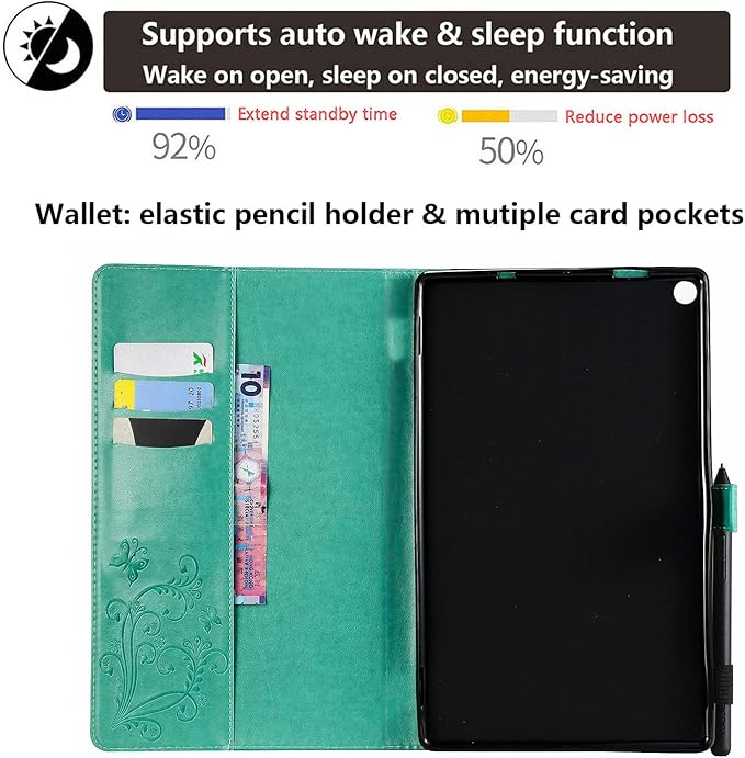 Kindle Fire HD 10 Tablet 2019/2017 Case 9th/7th Generation 10.1 with Pencil Holder Pockets [Auto Sleep/Wake] Folio Stand Embossed PU Leather Magnetic Smart Wallet Cover Green Butterfly