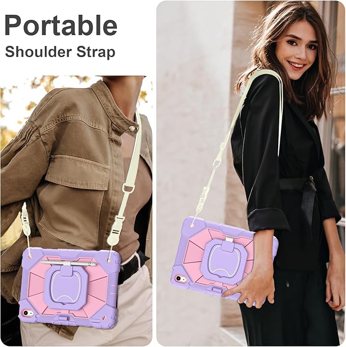 Case for iPad (A16) 11th Generation 11 Inch (2025) iPad 10th Generation Case 10.9 Inch (2022) Shockproof Cover with 360° Rotating Stand Screen Protector Pen Holder Shoulder Strap Purple Pink