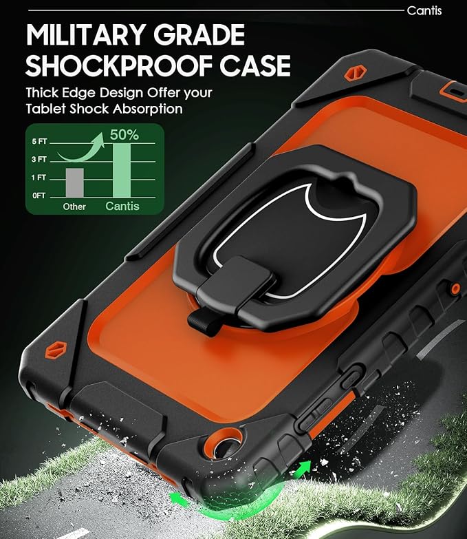 Cantis Case for Samsung Galaxy Tab A11 Plus 11 Inch 2026 (SM-X230/X236/X238) Shockproof Case for Tab A11+ with Screen Protector/Rotating Stand/Pen Holder/Shoulder Strap (Black+Orange)