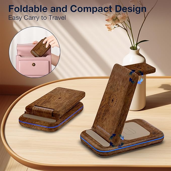 Wireless Charger for Samsung/Android HOLYJOY Foldable 3 in 1 Fast Charging Station/Stand/Multi Charger for Samsung S25 Ultra/S24/Note 20 Travel Pad for Galaxy Watch 8/7/6/5/Active 2 for Buds(Wood)