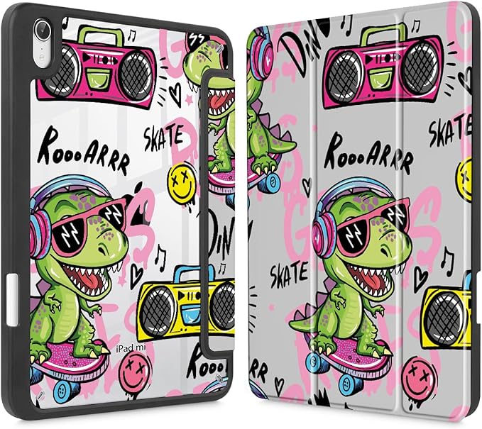 Mektron Printed Case for iPad mini 7 (A17 Pro) 2024/ Mini 6 2021 iPad mini 7th/6th Generation 8.3-inch Liquid Retina Display Cover Buit in Pencil Holder with Clear Back Shell Cool Dinosaur