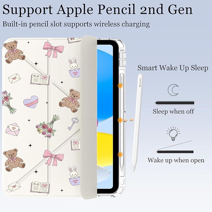 Cute Kawaii Bear Bunny for iPad Air 11 Inch Case 7th/6th Generation (M3/M2) 2025/2024 with Pencil Holder Auto Sleep/Wake White Leather Acrylic Back Detachable Cover