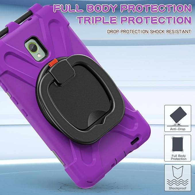 Rugged Case for Samsung Galaxy Tab Active5 5G (SM-X306B/X300) w/ 360° Rotating Hanging Ring Handle Grip Kickstand Heavy Duty Shock-Proof Armor Cover w/Shoulder Strap Stylus Holder (Purple)