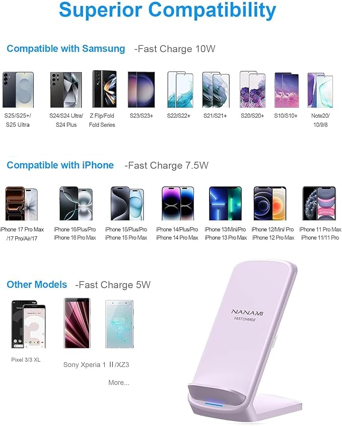 NANAMI Fast Wireless Charger 10W Max Wireless Charging Stand with PD20W Adapter Charger Compatible for iPhone 17/17 Air/17 Pro/17 Pro Max/16/15/14/13/12Samsung Galaxy S26/S25/S24/S23/S22/S21/Note 20