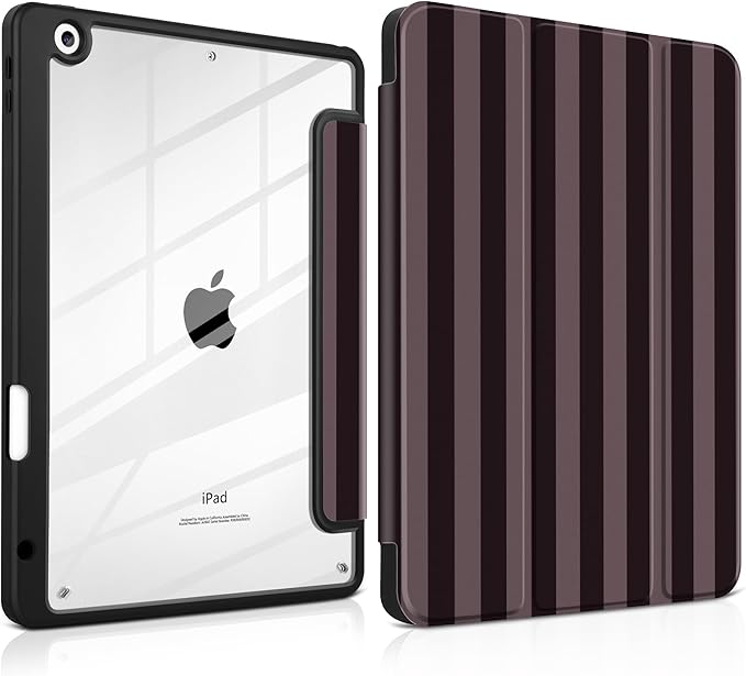 DONGKE for iPad 9th/8th/7th Generation Case 10.2 Inch (2021/2020/2019) [Auto Sleep/Wake &amp Pencil Holder] Clear Acrylic Back Trifold Stand Cover Brown Stripes