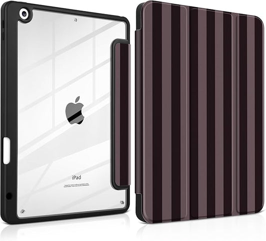 DONGKE for iPad 9th/8th/7th Generation Case 10.2 Inch (2021/2020/2019) [Auto Sleep/Wake &amp Pencil Holder] Clear Acrylic Back Trifold Stand Cover Brown Stripes