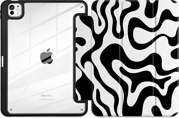 TWOLSKOO Case for iPad Pro 11-inch (M5 2025 / M4 2024) Clear Acrylic Back with TPU Bumper Pencil Holder Trifold Stand Auto Sleep/Wake Black Waves