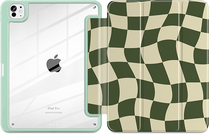 TWOLSKOO Case for iPad Pro 11-inch (M5 2025 / M4 2024) Clear Acrylic Back with TPU Bumper Pencil Holder Trifold Stand Auto Sleep/Wake Green Wavy Checker